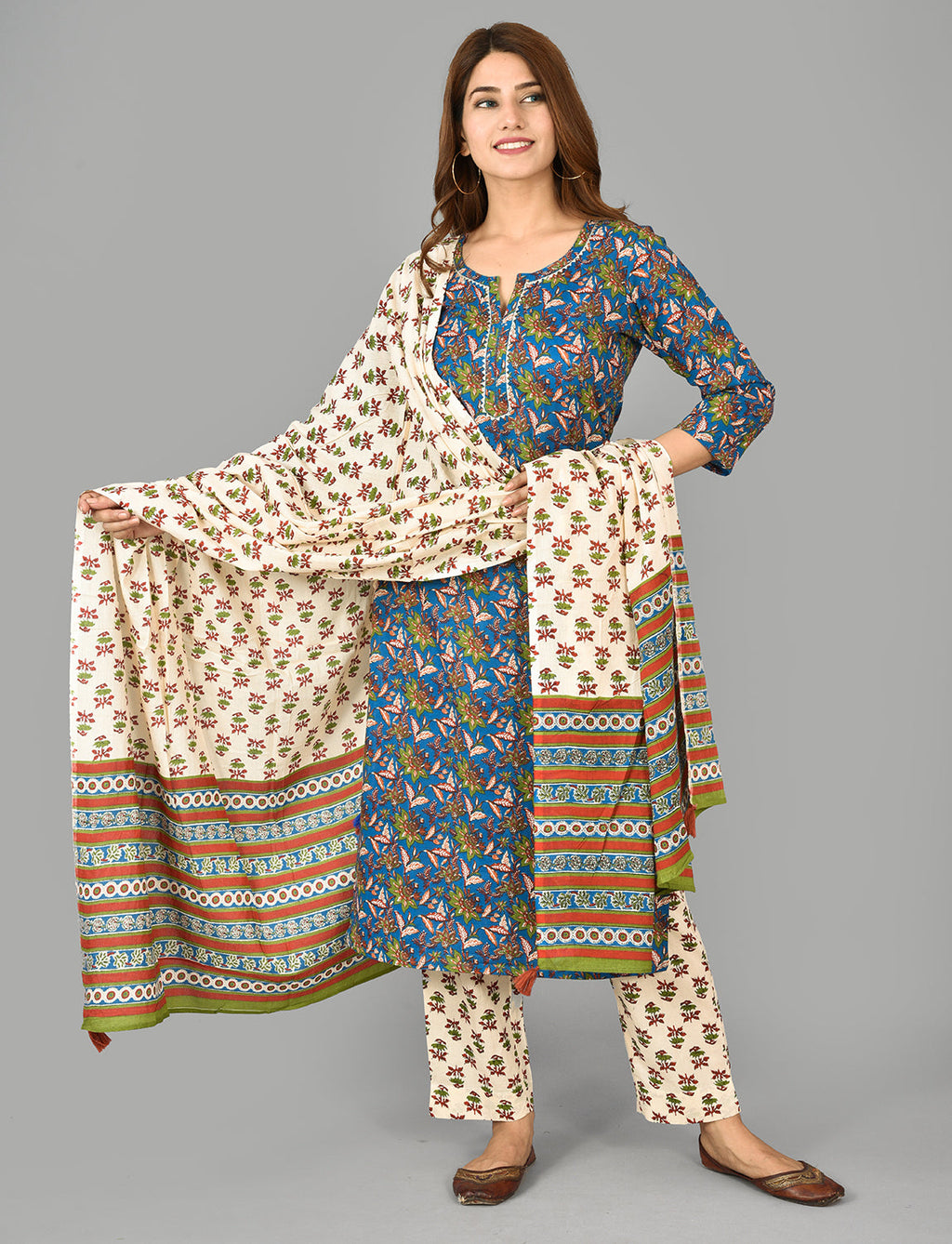 Kaajh Blue Floral Print Cotton Suit Set For Women | Grocsy