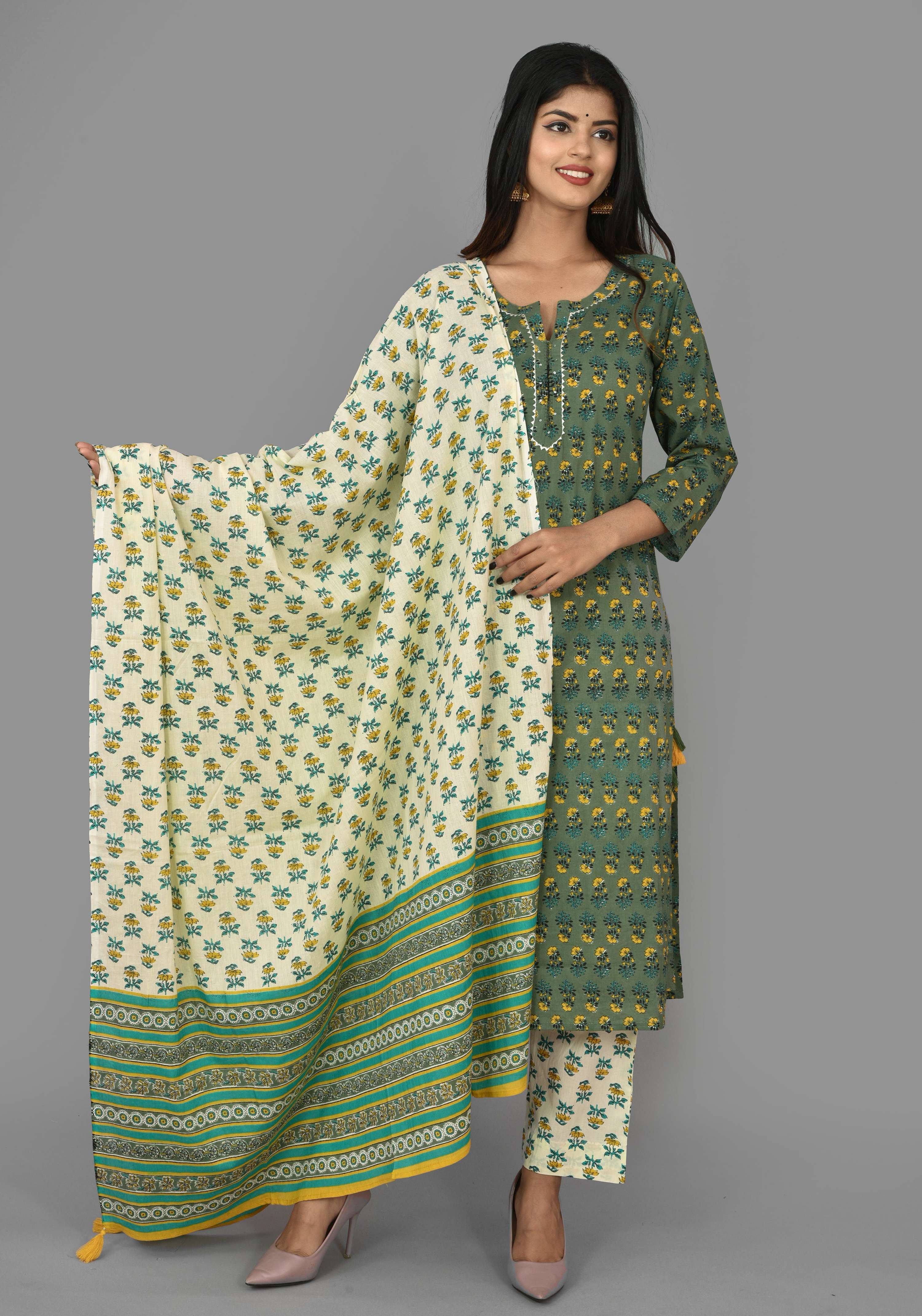 Kaajh Green Floral Print Cotton Suit Set For Women | Grocsy