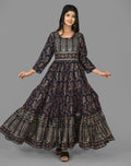 Kaajh Women's Blue Gold Printed Ethnic Anarkali Kurta | Grocsy