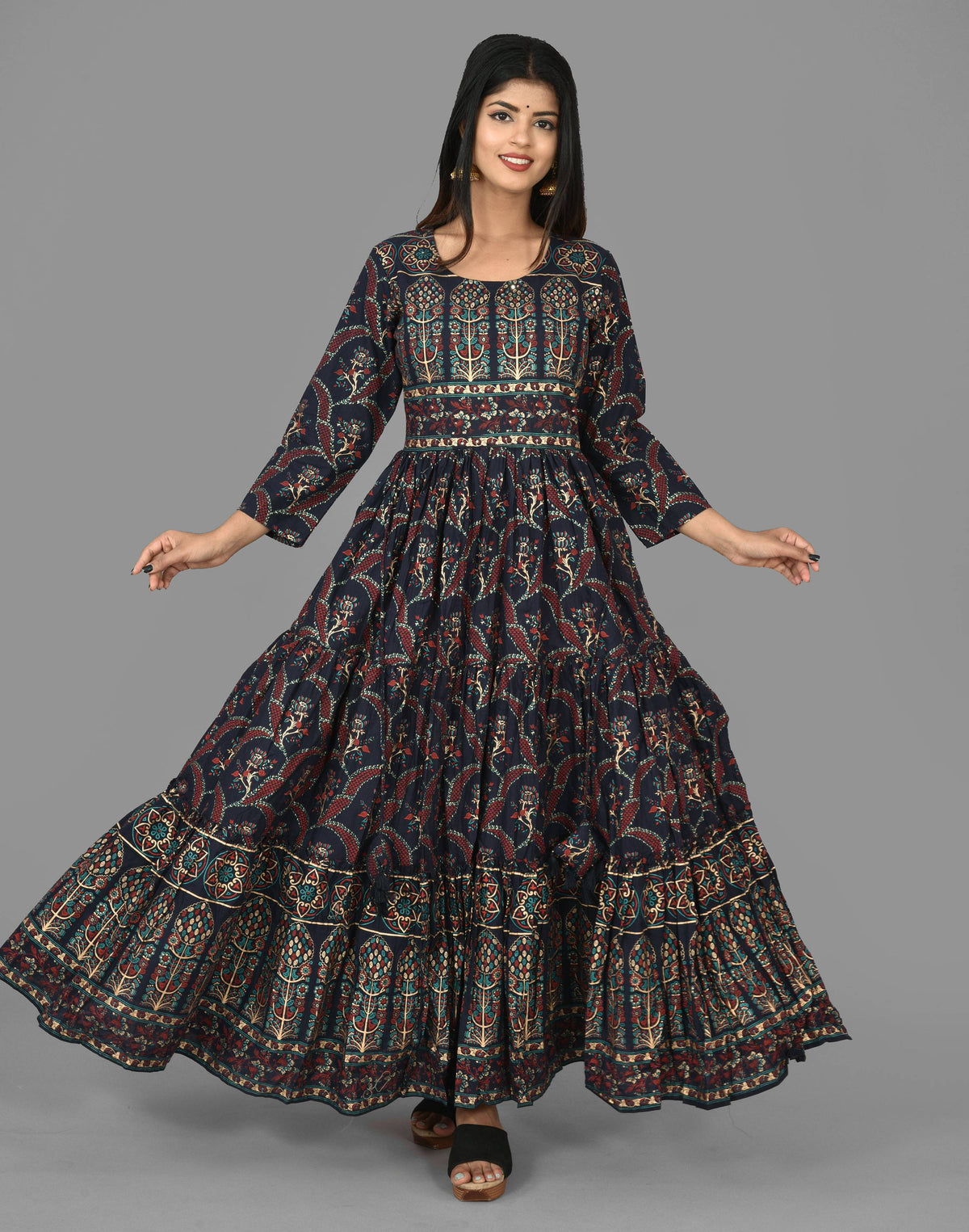 Kaajh Women's Blue Gold Printed Ethnic Anarkali Kurta | Grocsy