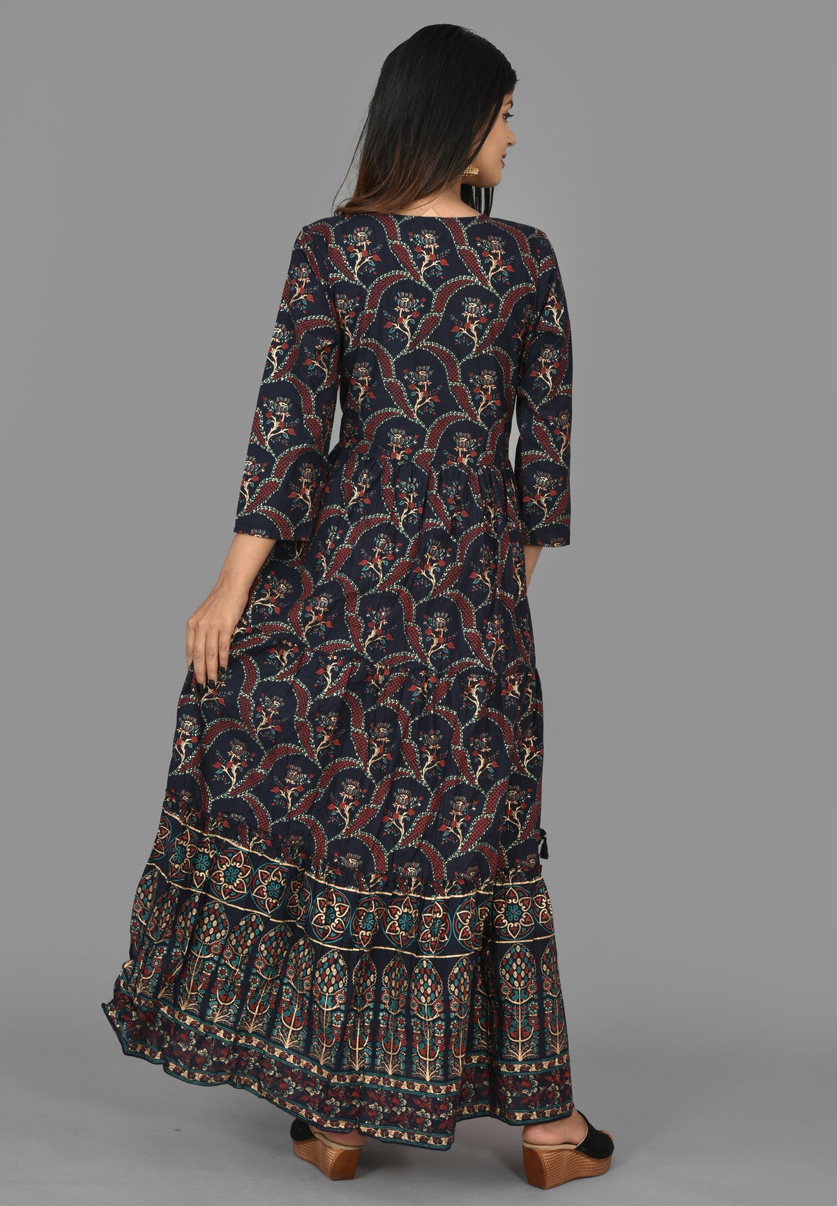 Kaajh Women's Blue Gold Printed Ethnic Anarkali Kurta | Grocsy