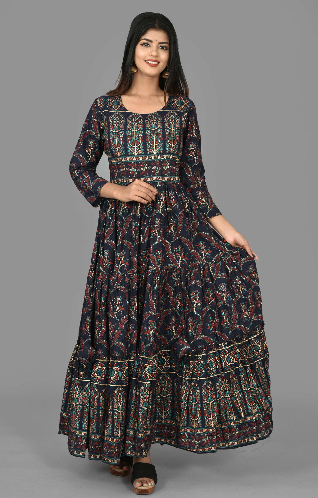 Kaajh Women's Blue Gold Printed Ethnic Anarkali Kurta | Grocsy