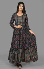 Kaajh Women's Blue Gold Printed Ethnic Anarkali Kurta | Grocsy