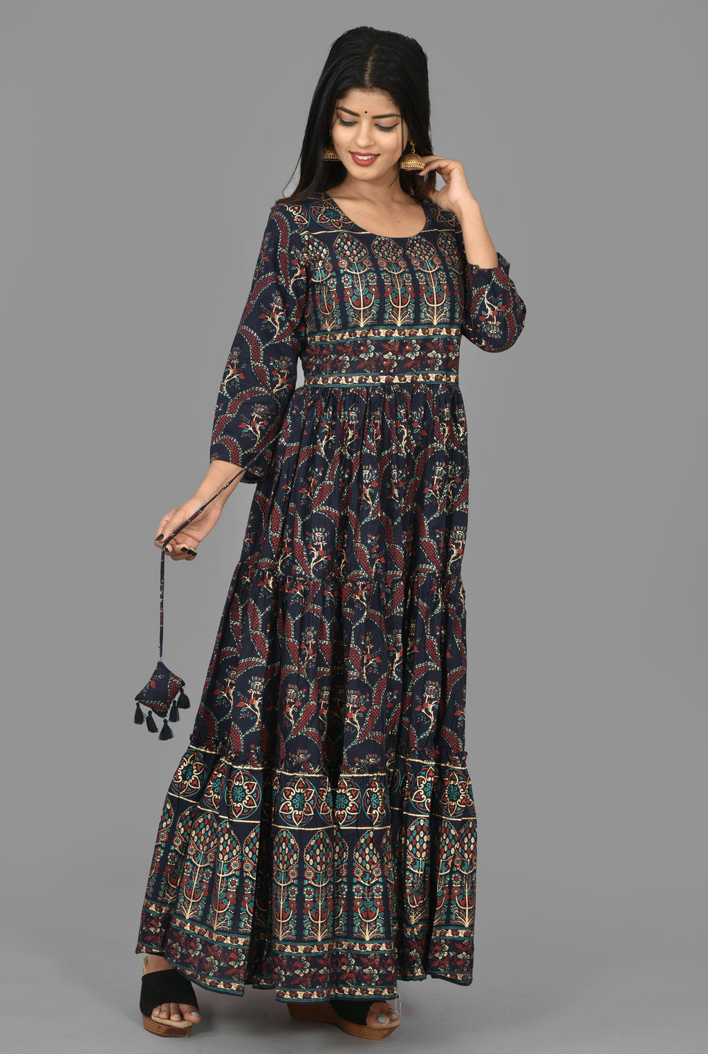 Kaajh Women's Blue Gold Printed Ethnic Anarkali Kurta | Grocsy