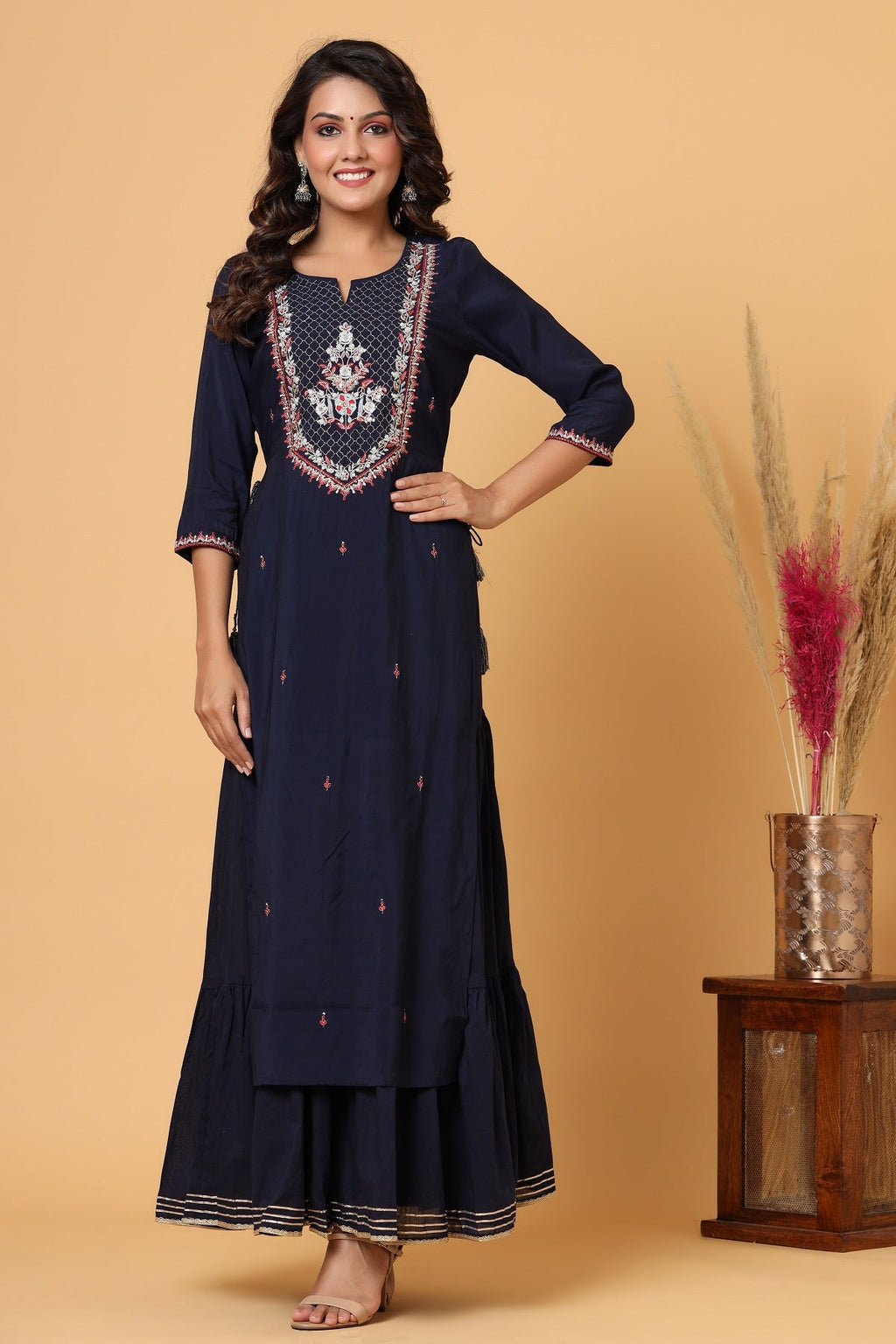 Kaajh Women's Blue Embroidery Chanderi Ethnic Kurta | Grocsy