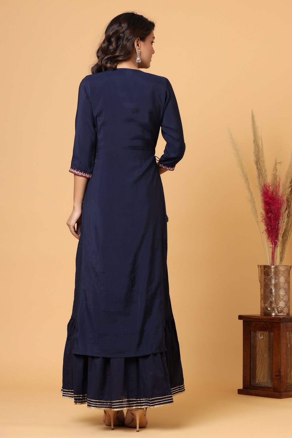 Kaajh Women's Blue Embroidery Chanderi Ethnic Kurta | Grocsy