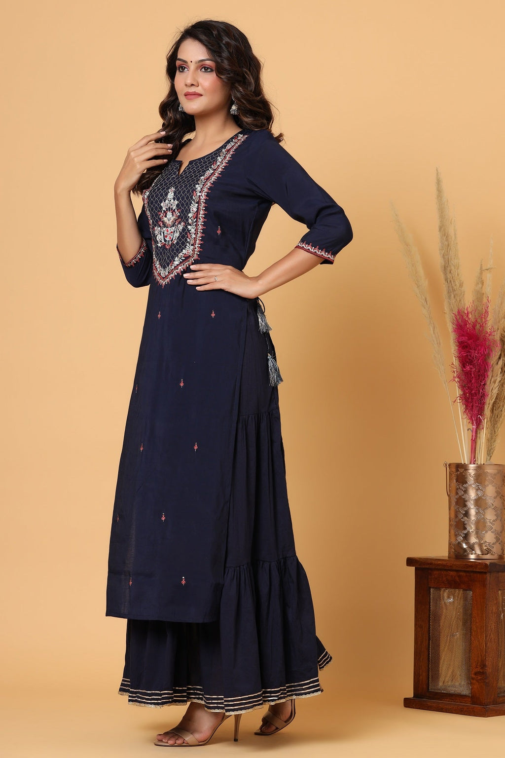 Kaajh Women's Blue Embroidery Chanderi Ethnic Kurta | Grocsy