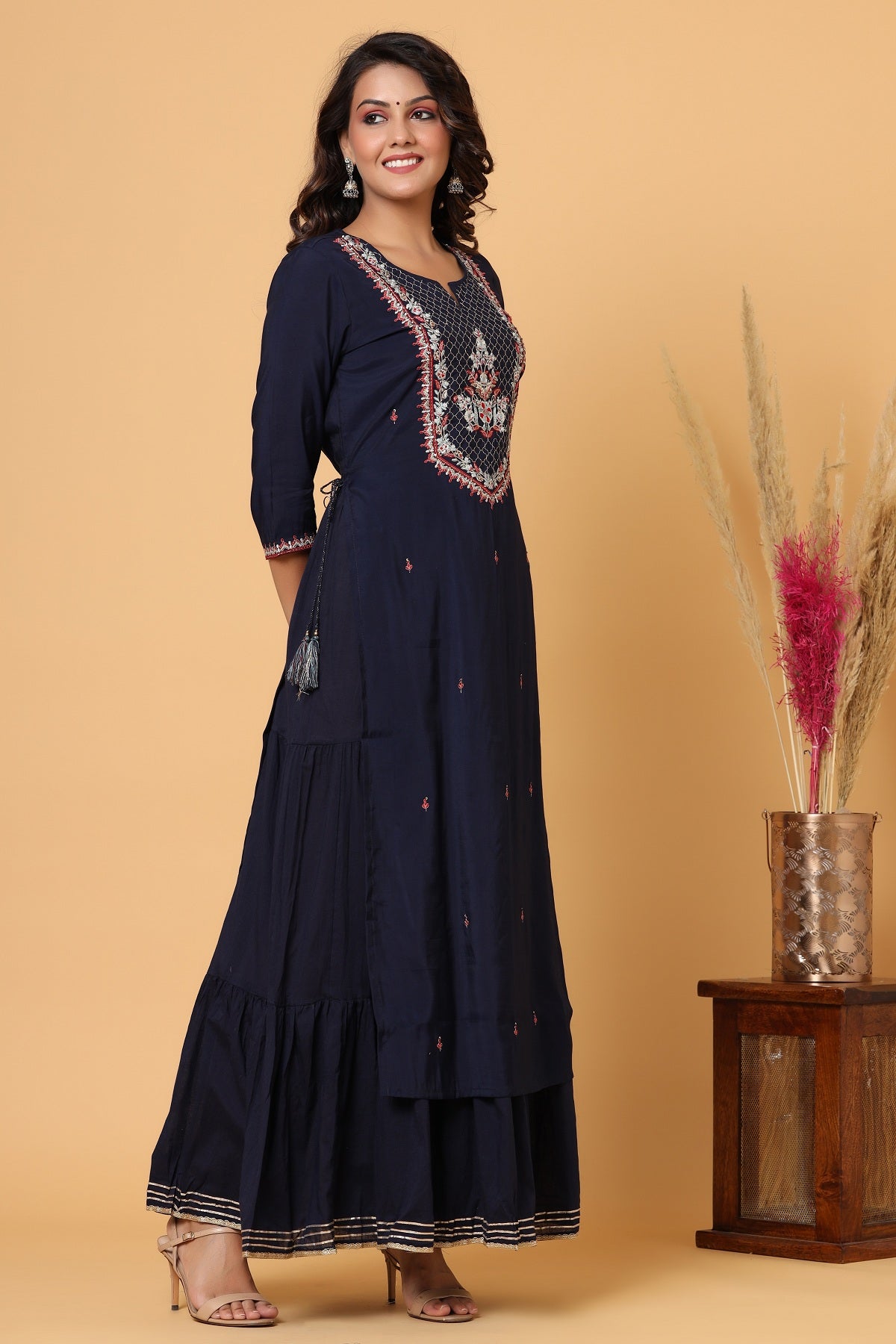 Kaajh Women's Blue Embroidery Chanderi Ethnic Kurta | Grocsy