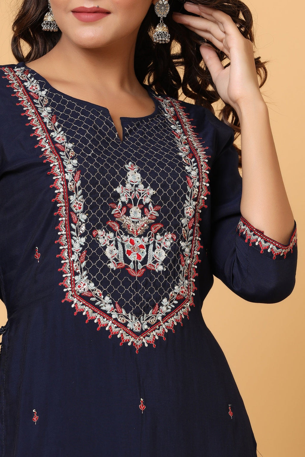 Kaajh Women's Blue Embroidery Chanderi Ethnic Kurta | Grocsy