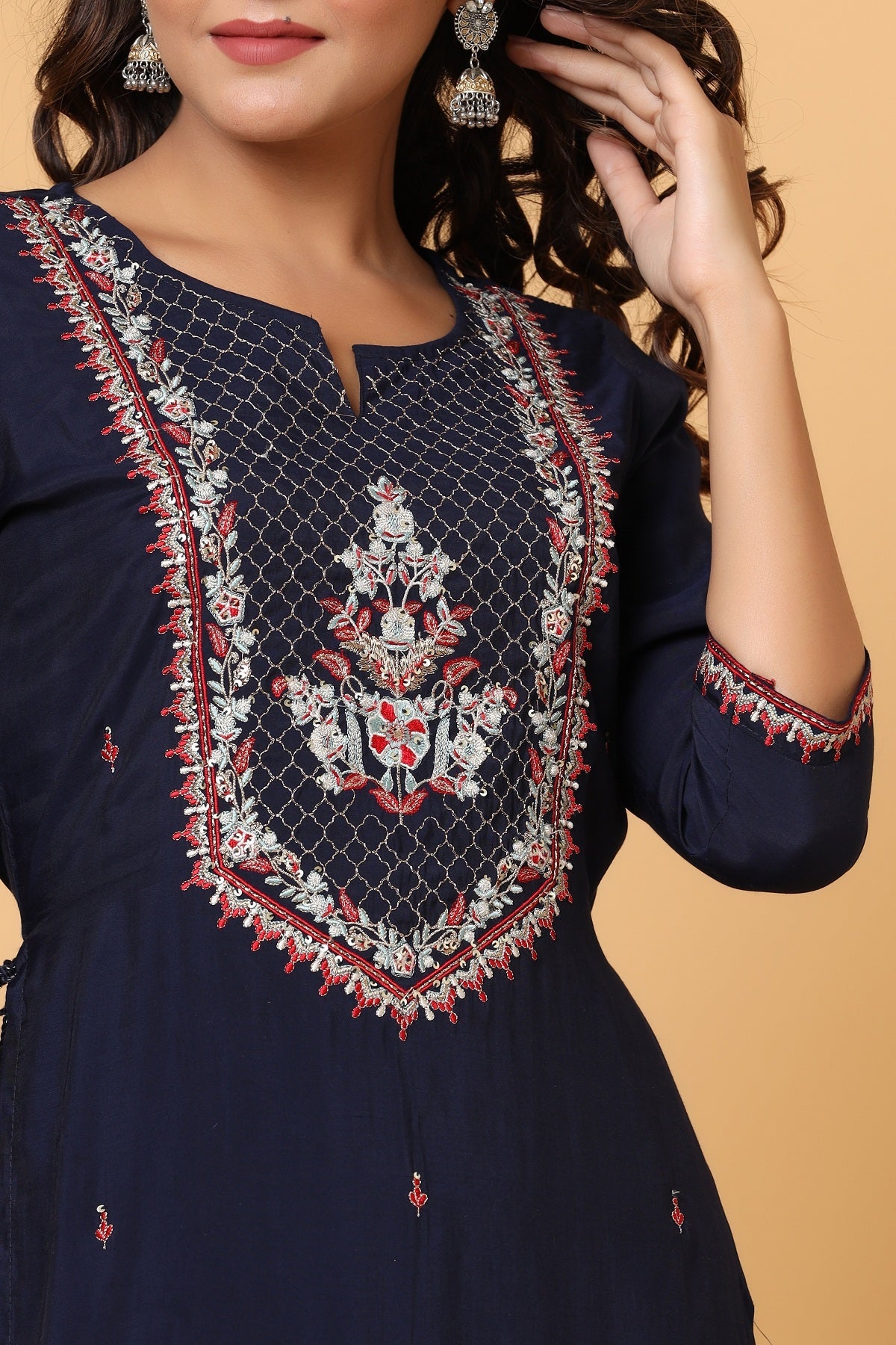 Kaajh Women's Blue Embroidery Chanderi Ethnic Kurta | Grocsy