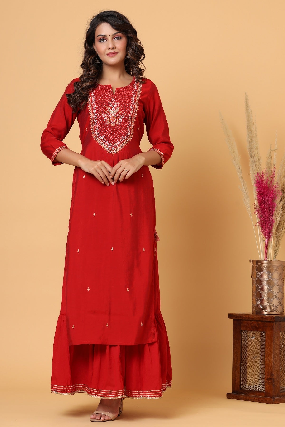 Kaajh Women's Red Embroidery Chanderi Ethnic Kurta | Grocsy