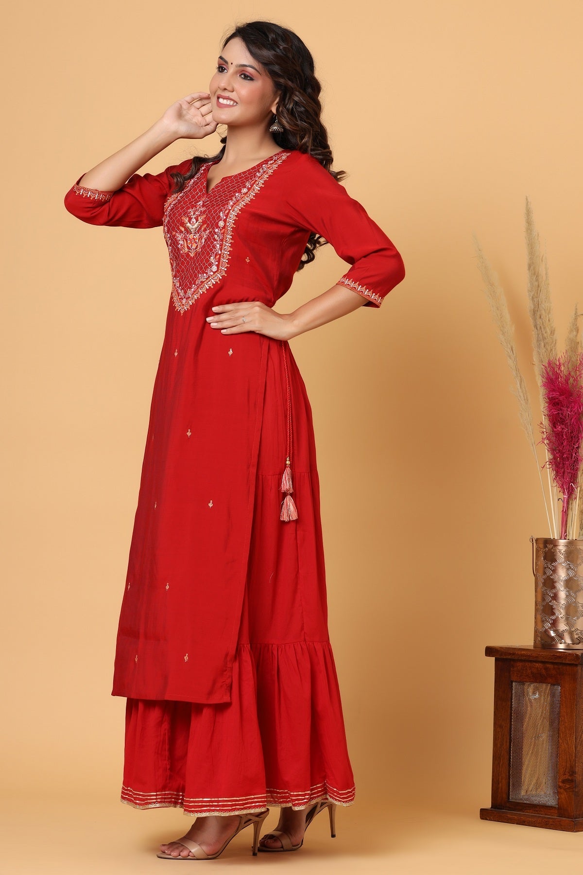 Kaajh Women's Red Embroidery Chanderi Ethnic Kurta | Grocsy