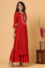 Kaajh Women's Red Embroidery Chanderi Ethnic Kurta | Grocsy