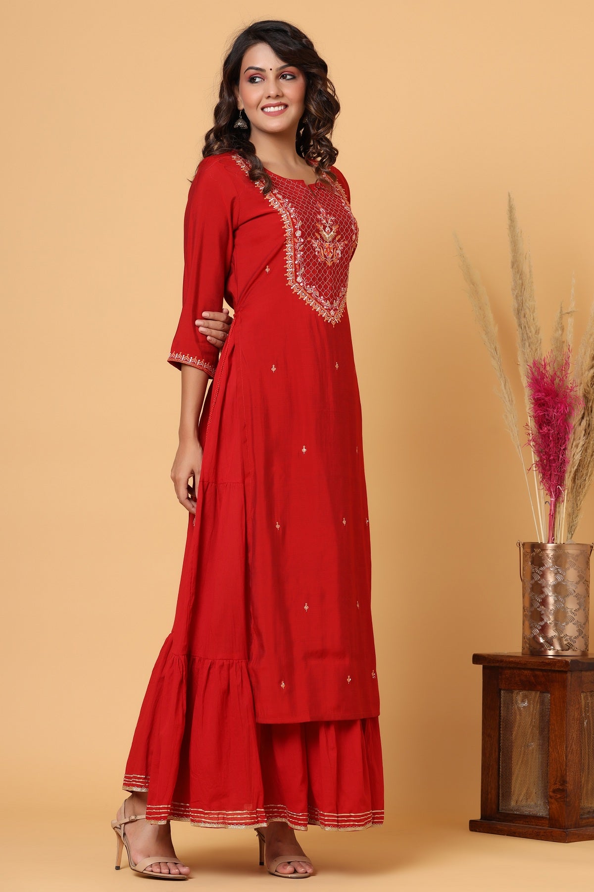 Kaajh Women's Red Embroidery Chanderi Ethnic Kurta | Grocsy