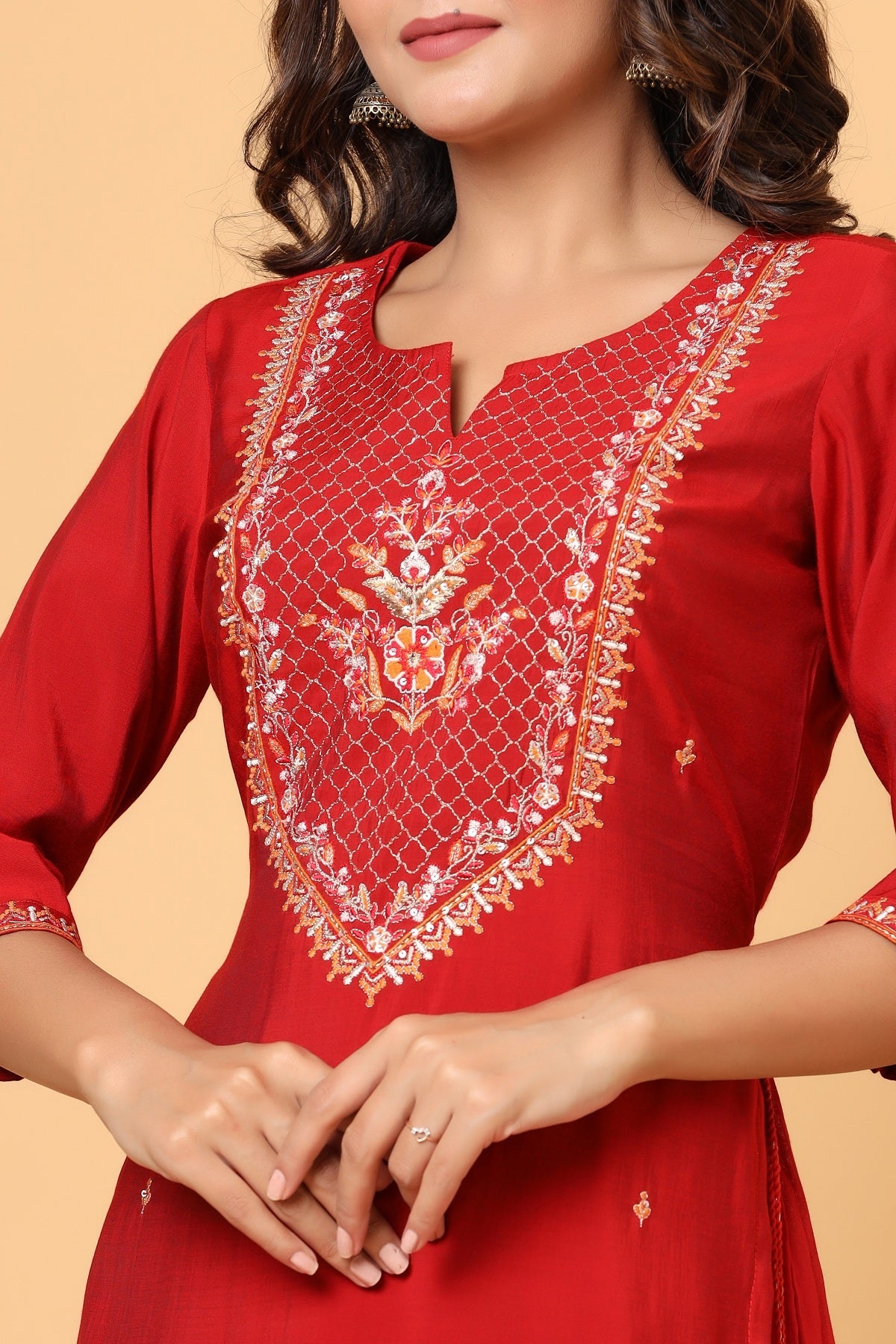 Kaajh Women's Red Embroidery Chanderi Ethnic Kurta | Grocsy