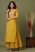 Kaajh Women's Yellow Embroidery Chanderi Ethnic Kurta | Grocsy