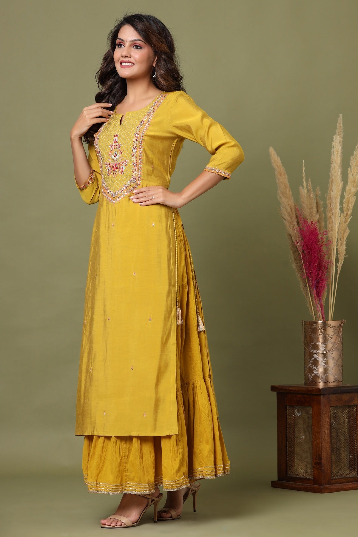 Kaajh Women's Yellow Embroidery Chanderi Ethnic Kurta | Grocsy