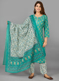Kaajh Women's Green Floral Print Cotton Suit Set | Grocsy