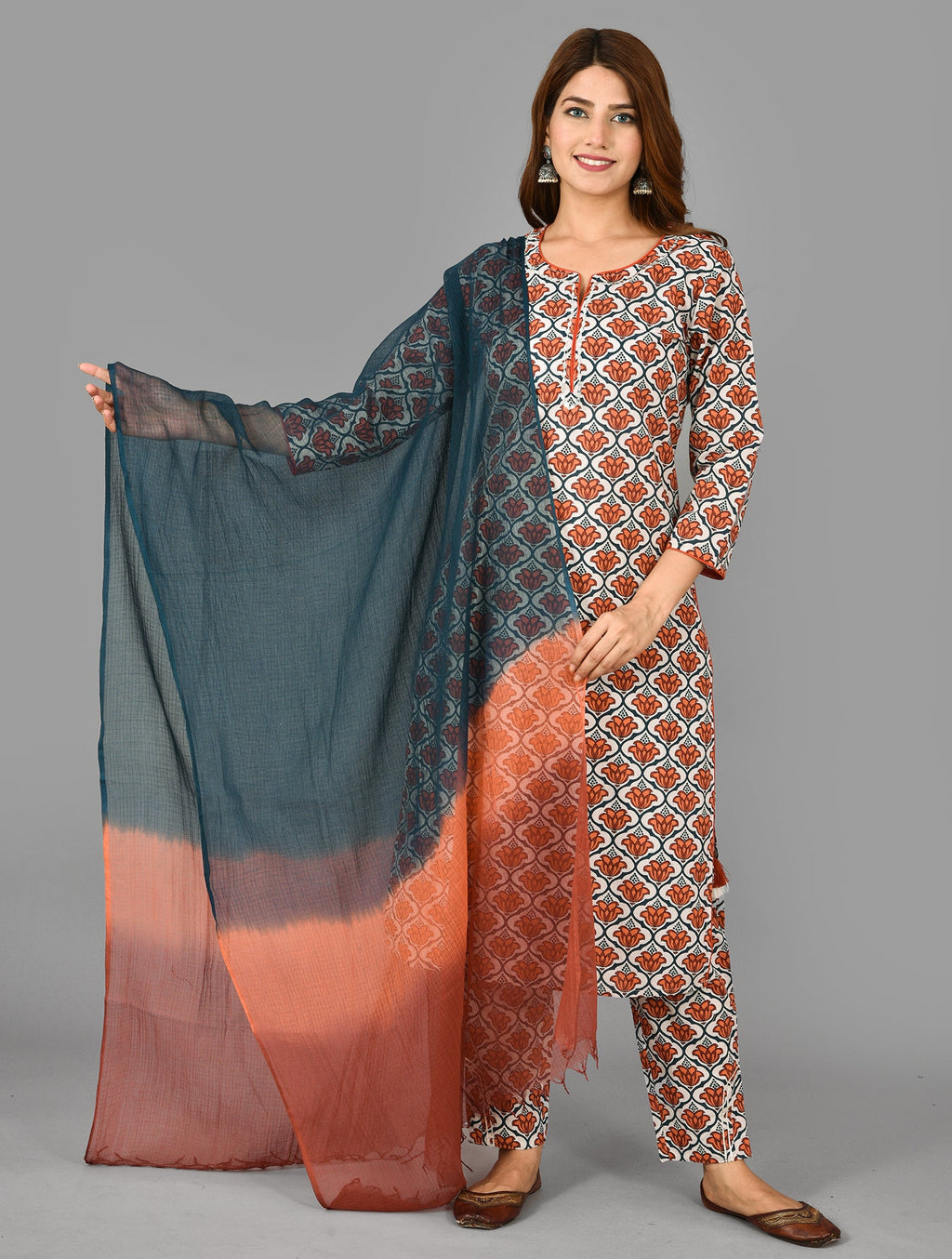 Kaajh Women's Red Floral Printet Cotton Suit Set | Grocsy