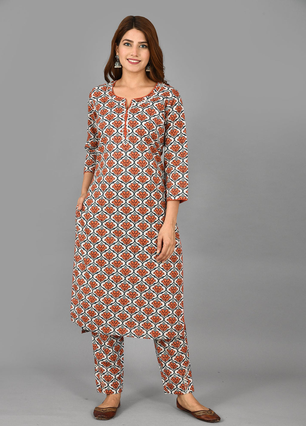 Kaajh Women's Red Floral Printet Cotton Suit Set | Grocsy