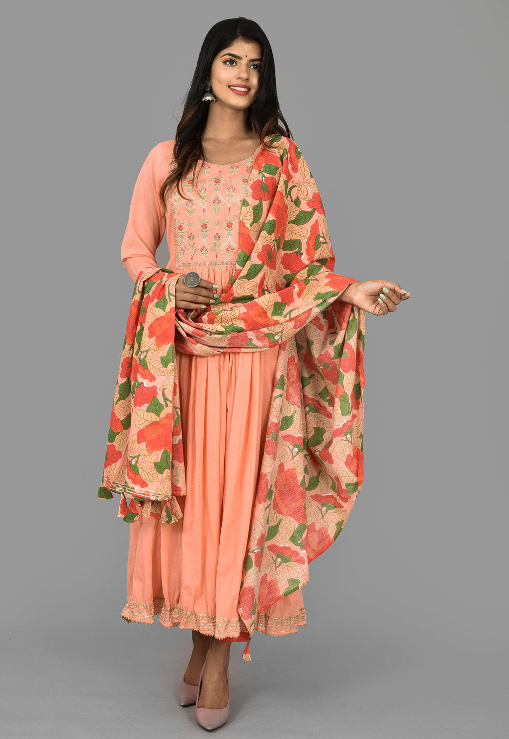 Kaajh Women's Peach Floral Print Anarkali Suit Set | Grocsy