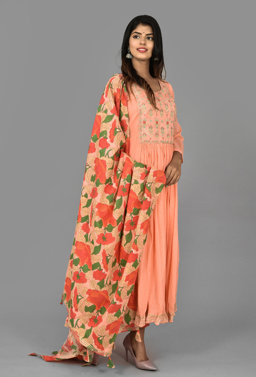 Kaajh Women's Peach Floral Print Anarkali Suit Set | Grocsy