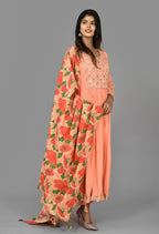 Kaajh Women's Peach Floral Print Anarkali Suit Set | Grocsy