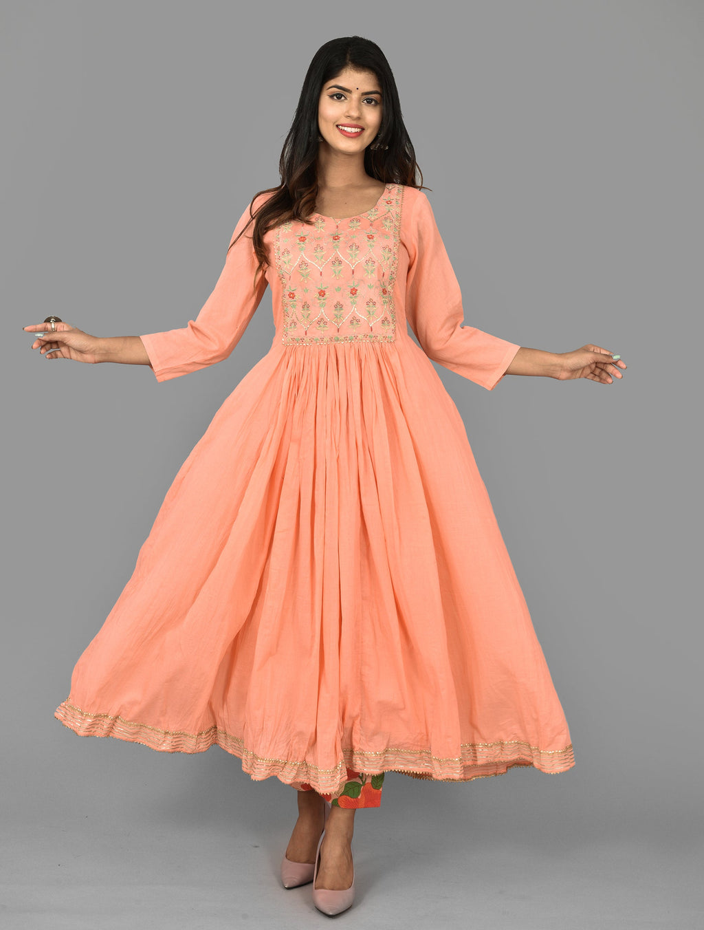 Kaajh Women's Peach Floral Print Anarkali Suit Set | Grocsy