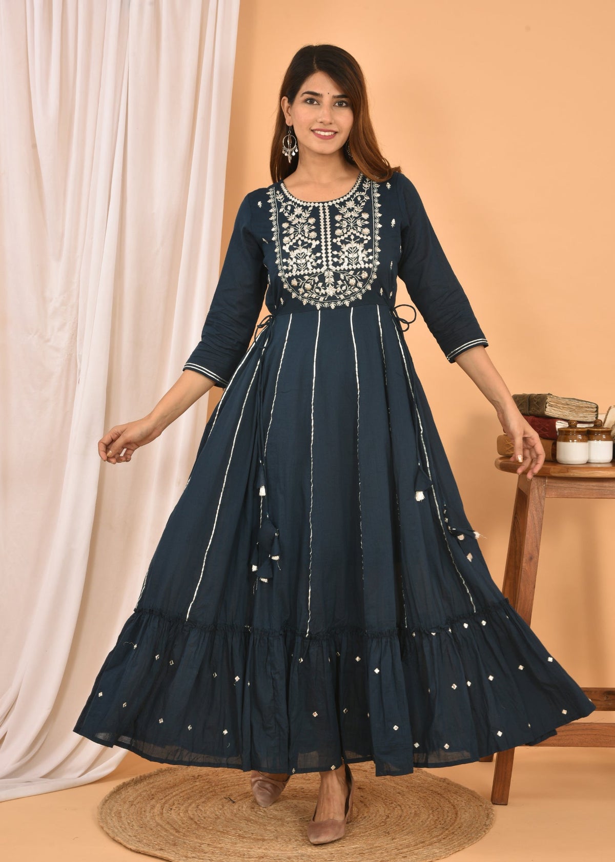Kaajh Women's Blue Mirror Embroidery Anarkali Kurta | Grocsy