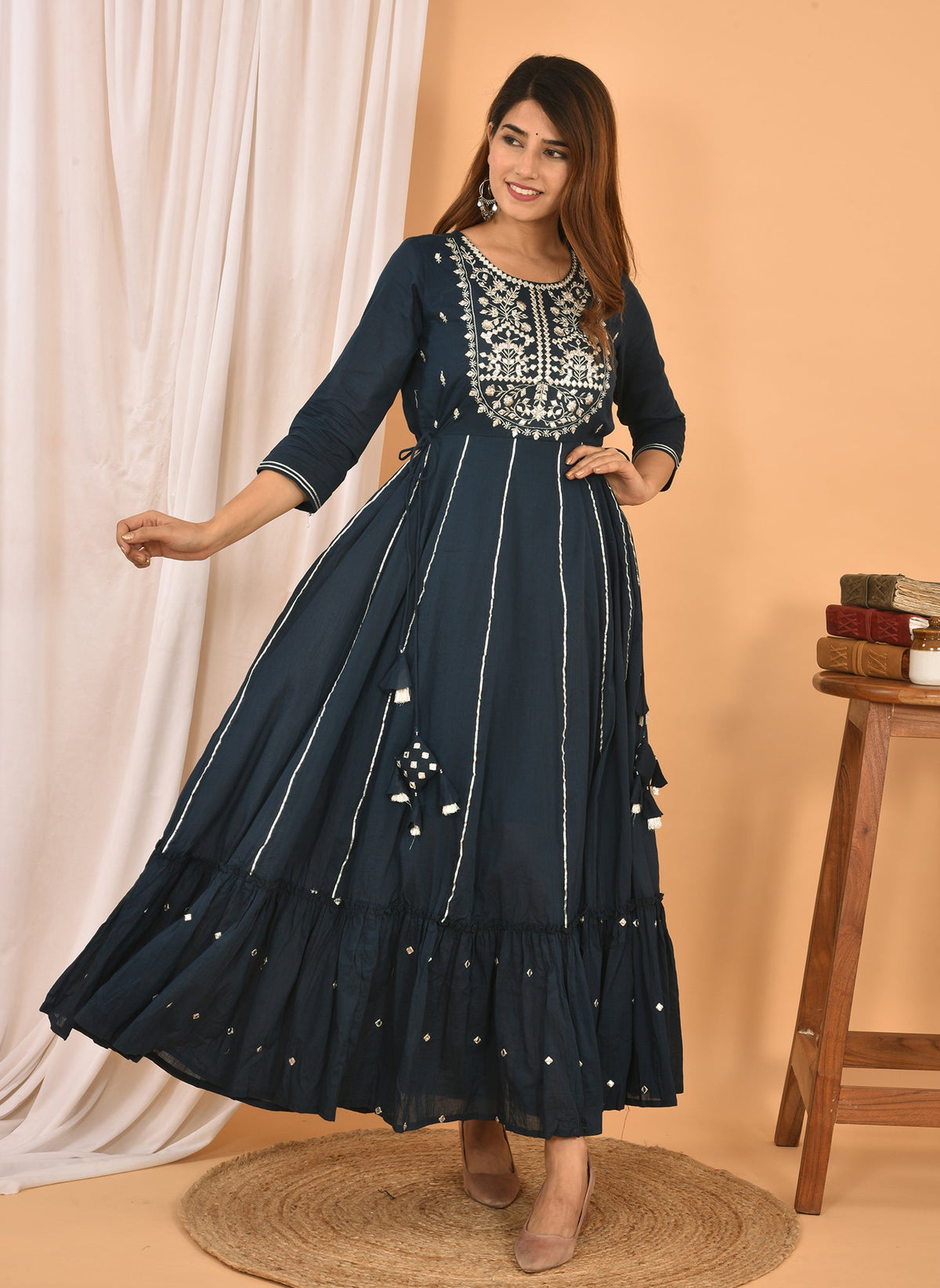 Kaajh Women's Blue Mirror Embroidery Anarkali Kurta | Grocsy