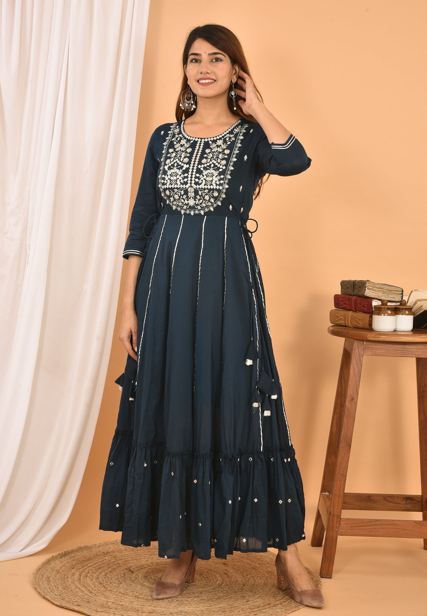 Kaajh Women's Blue Mirror Embroidery Anarkali Kurta | Grocsy