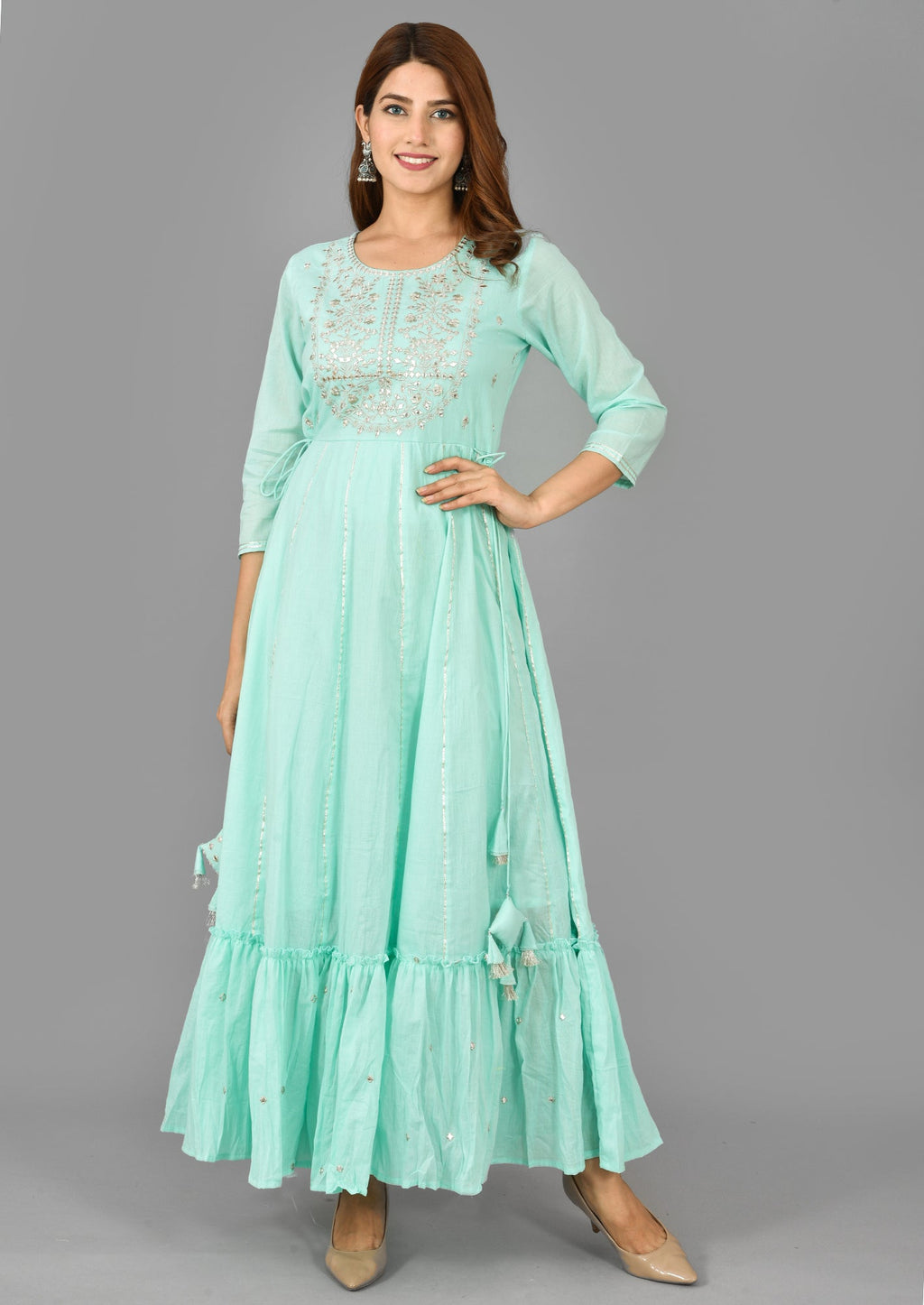 Kaajh Women's Green Mirror Embroidery Anarkali Kurta | Grocsy