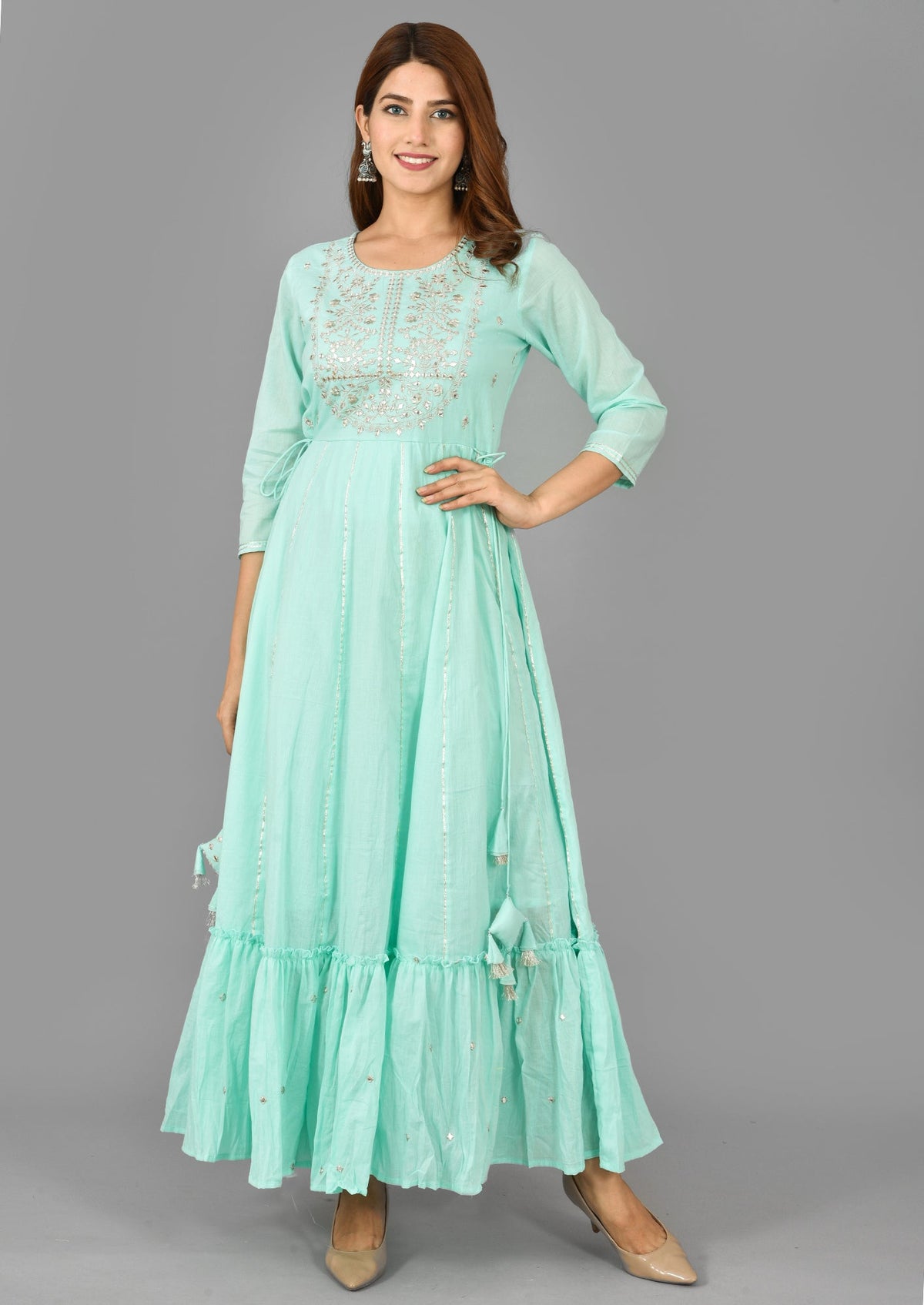 Kaajh Women's Green Mirror Embroidery Anarkali Kurta | Grocsy