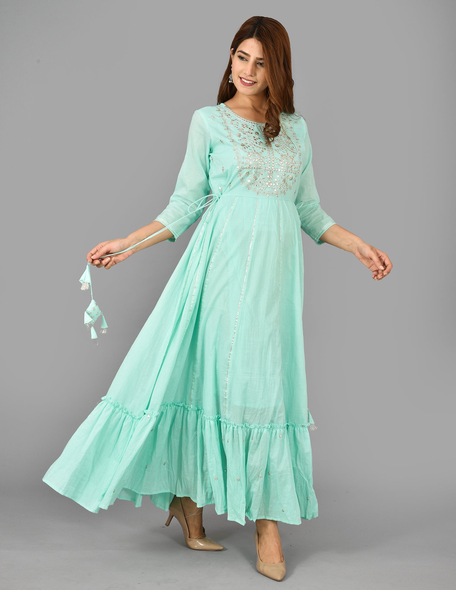 Kaajh Women's Green Mirror Embroidery Anarkali Kurta | Grocsy
