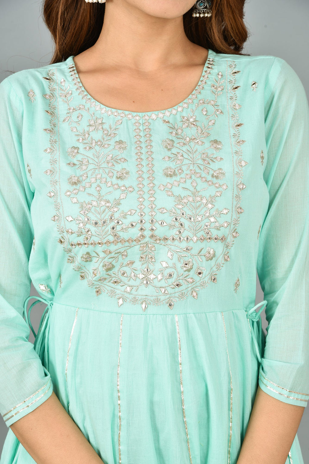Kaajh Women's Green Mirror Embroidery Anarkali Kurta | Grocsy