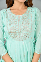 Kaajh Women's Green Mirror Embroidery Anarkali Kurta | Grocsy