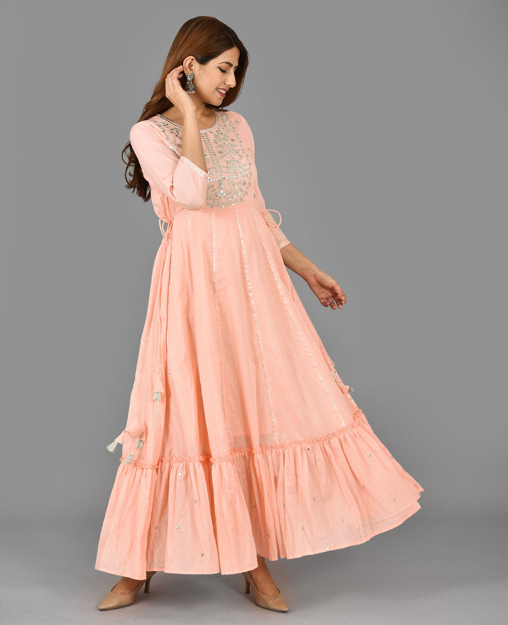 Kaajh Women's Pink Mirror Embroidery Anarkali Kurta | Grocsy
