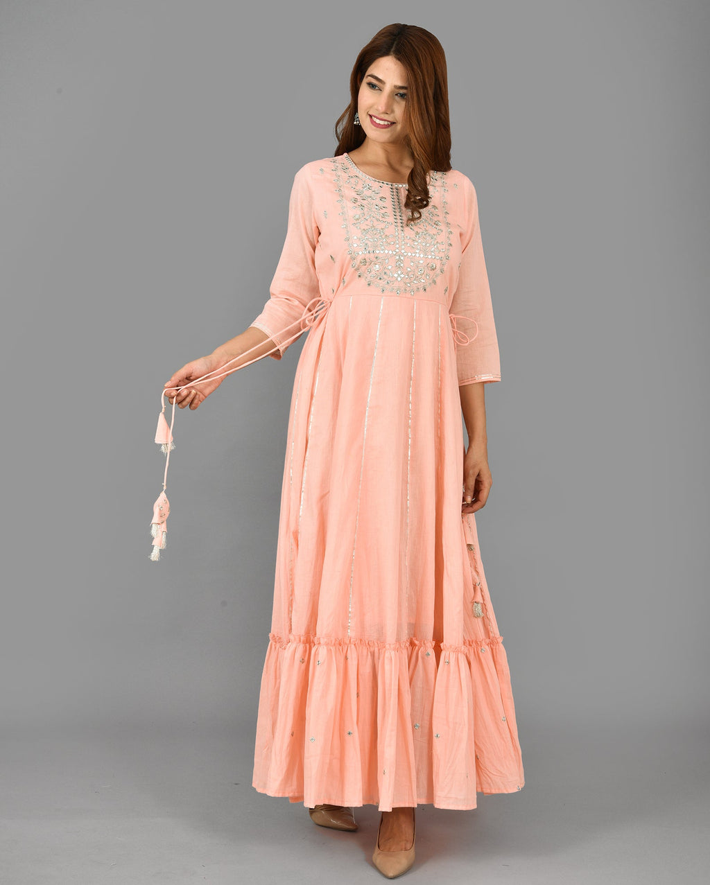 Kaajh Women's Pink Mirror Embroidery Anarkali Kurta | Grocsy