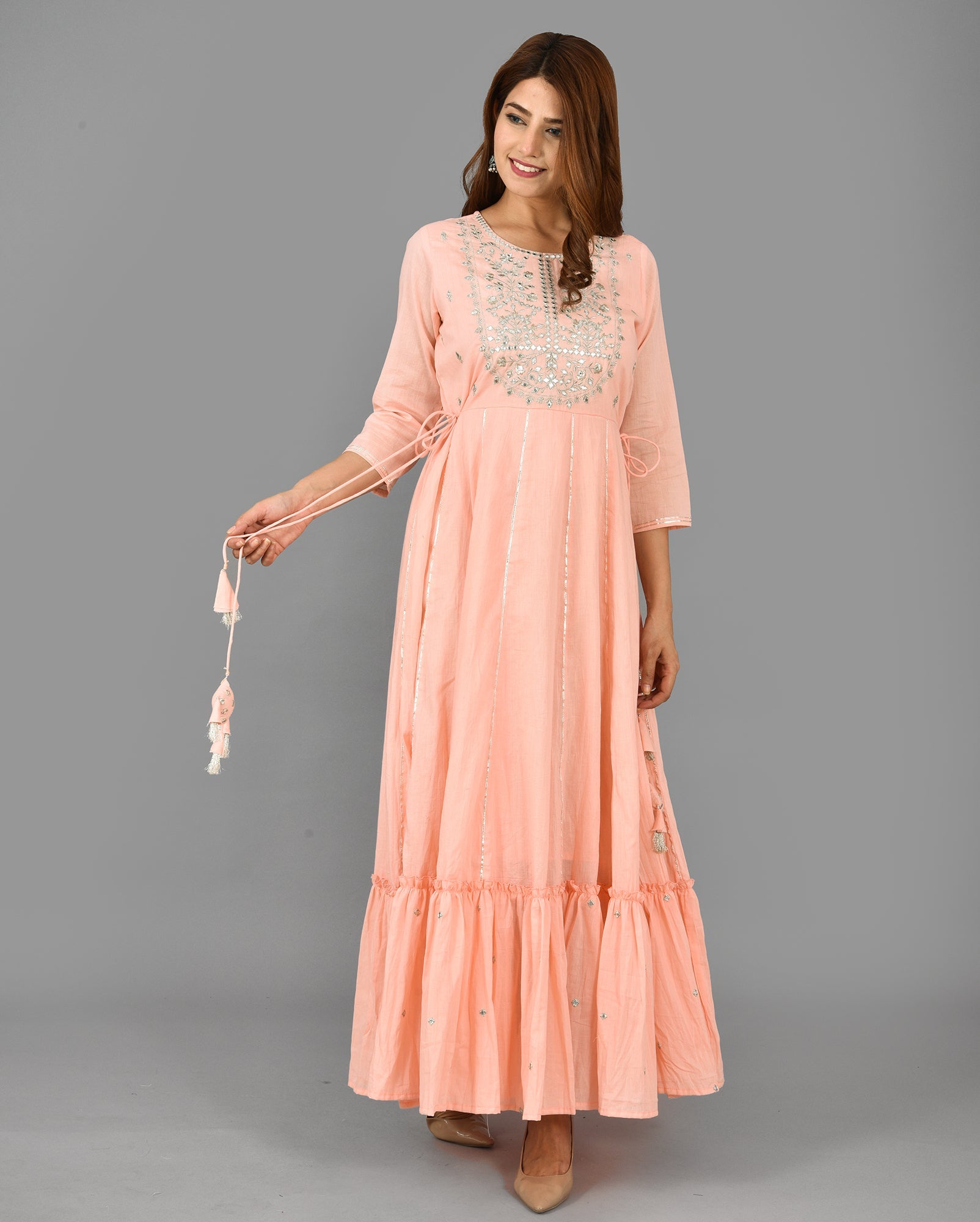 Kaajh Women's Pink Mirror Embroidery Anarkali Kurta | Grocsy