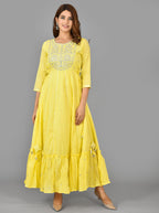 Kaajh Women's Yellow Mirror Embroidery Anarkali Kurta | Grocsy