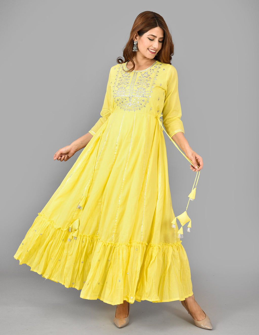 Kaajh Women's Yellow Mirror Embroidery Anarkali Kurta | Grocsy
