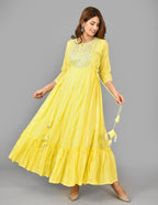Kaajh Women's Yellow Mirror Embroidery Anarkali Kurta | Grocsy
