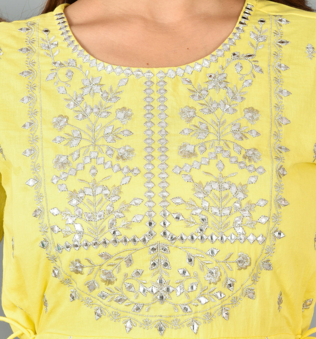 Kaajh Women's Yellow Mirror Embroidery Anarkali Kurta | Grocsy
