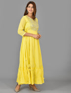 Kaajh Women's Yellow Mirror Embroidery Anarkali Kurta | Grocsy