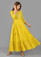Kaajh Women's Yellow Zari Embroidery Anarkali Kurta | Grocsy