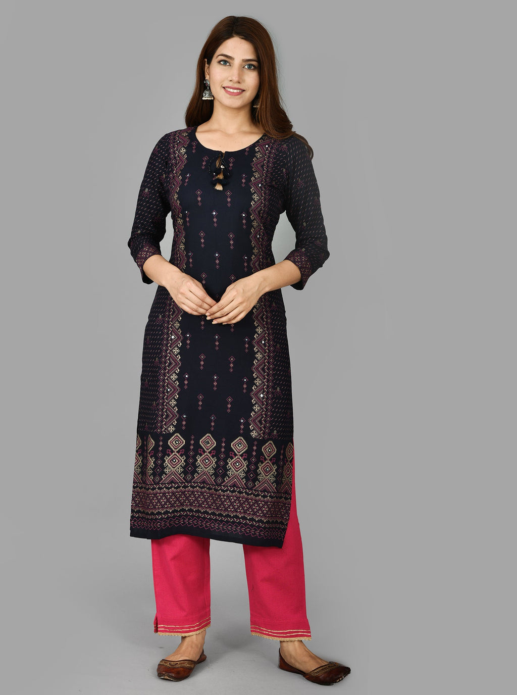Kaajh Women's Blue Printed Rayon Stitched Kurta Pant Set | Grocsy