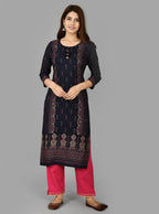 Kaajh Women's Blue Printed Rayon Stitched Kurta Pant Set | Grocsy