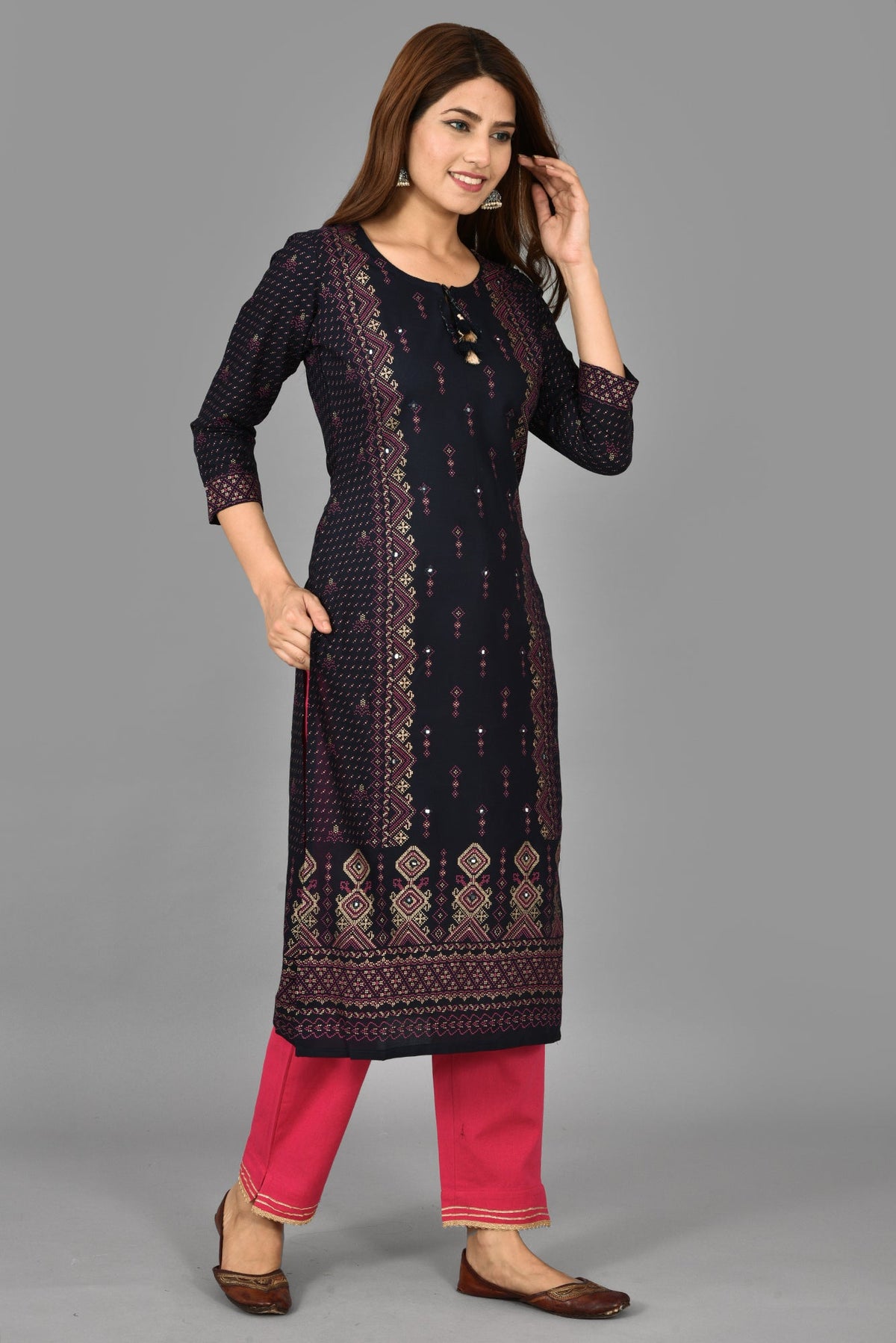 Kaajh Women's Blue Printed Rayon Stitched Kurta Pant Set | Grocsy