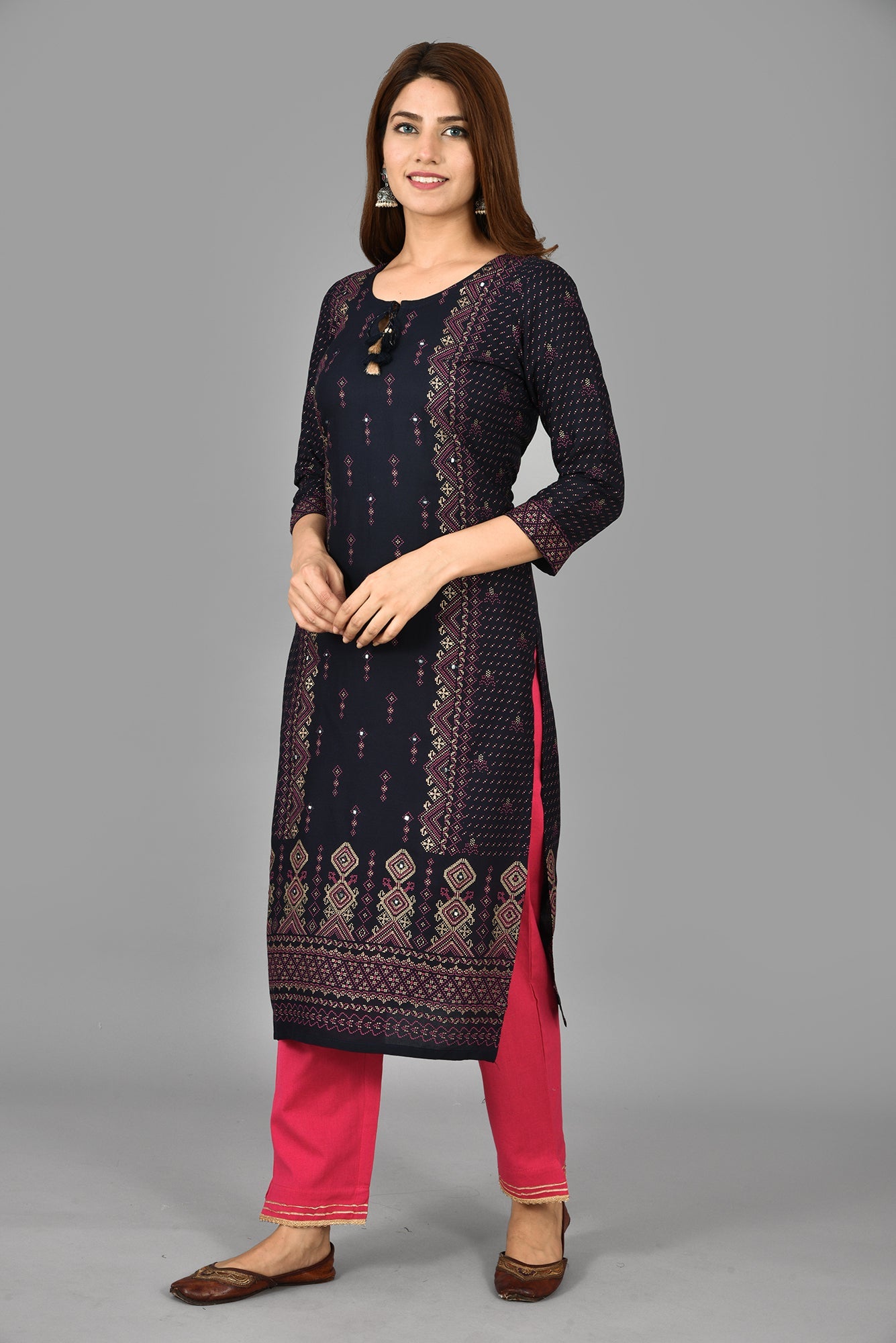 Kaajh Women's Blue Printed Rayon Stitched Kurta Pant Set | Grocsy