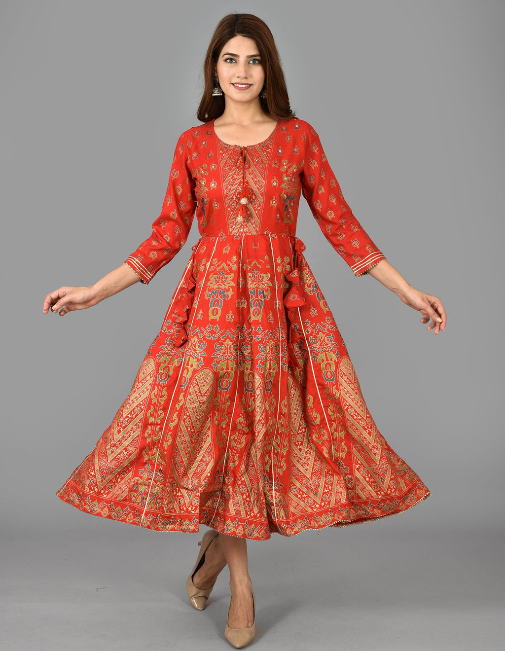 Kaajh Women's Red Gold Print Rayon Kurta | Grocsy